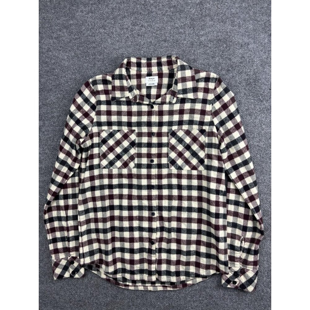 RVCA Shirt Womens Small Cream Burgundy Plaid Flannel Button Front Cotton